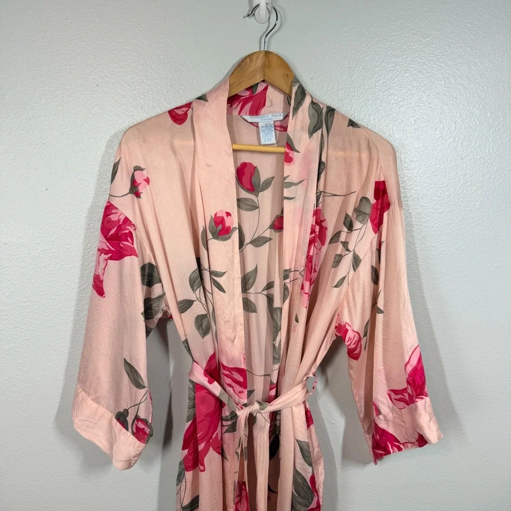 August Silk Robe Women M Pink Floral Long Silk Belted Pockets Lingerie